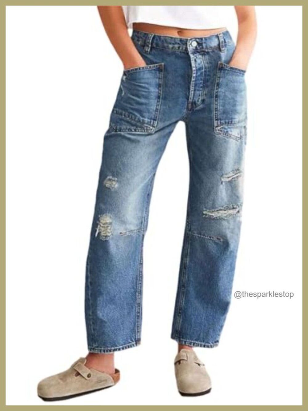 Women Distressed Baggy Barrel Jeans Boyfriend Patchwork Wide Leg Ankle Ripped